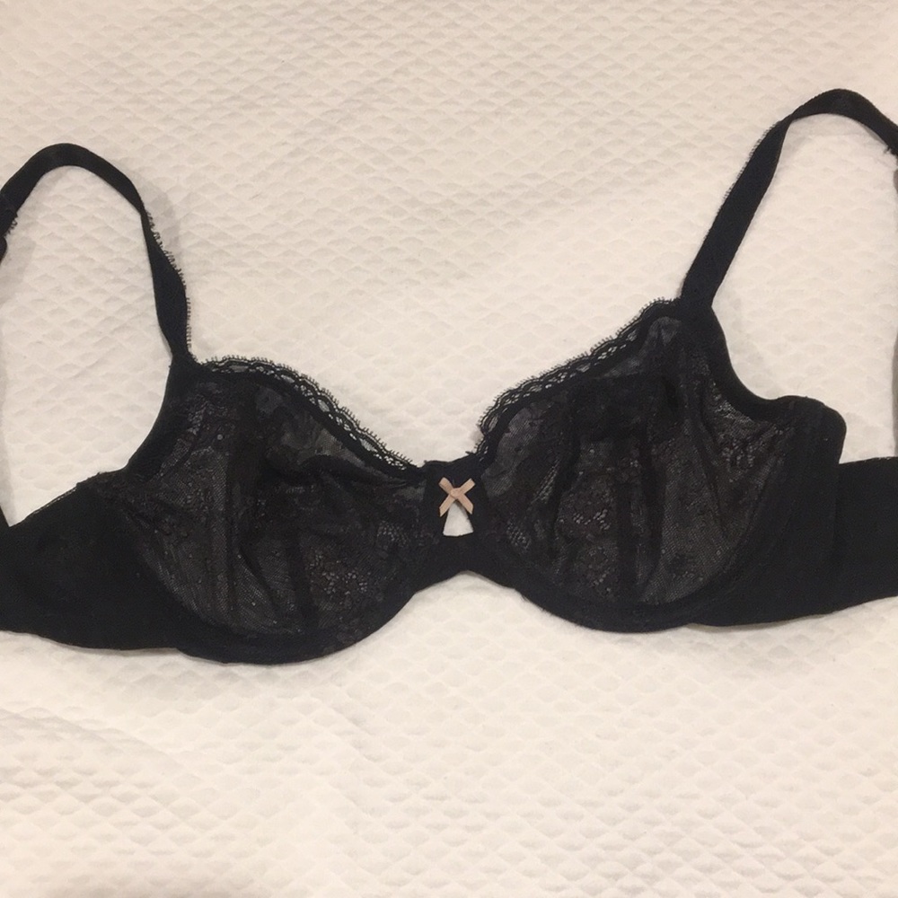 Adore Me lace underwire bra black w/ pink center accent bow ribbon size 32DD